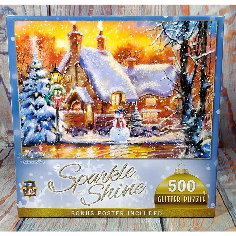 Sparkle and Shine 500 Piece Glitter Jigsaw Puzzle - Snowman Cottage